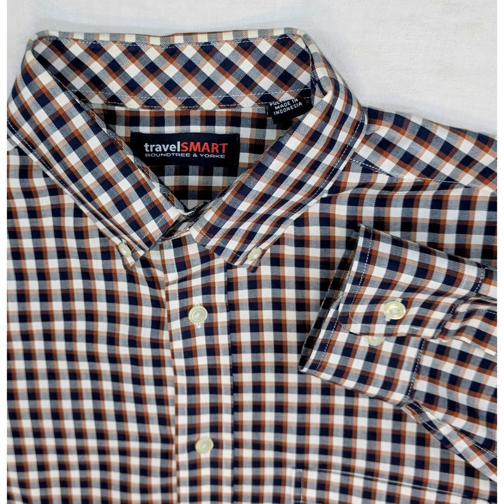 ROUNDTREE‎ & YORKE Men Travel Smart Check Pattern Dress Shirt Long Sleeve Sz L